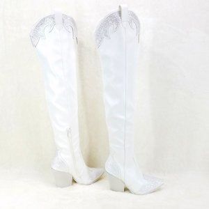 Primal Sexy White OTK Thigh Boots With Rhinestone Trims Country Western Cowgirl